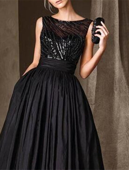 A-Line Mother of the Bride Dress Wedding Guest Elegant Sparkle & Shine Jewel Neck Floor Length Taffeta Sequined Sleeveless with Pleats Sequin