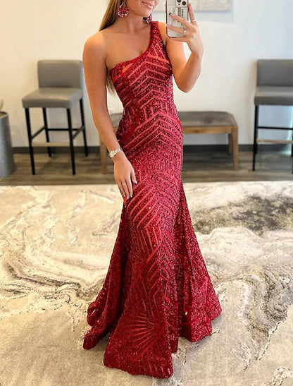 Sheath / Column Prom Dresses Backless Dress Evening Party Prom Sweep / Brush Train Sleeveless One Shoulder Sequined Backless with Sequin