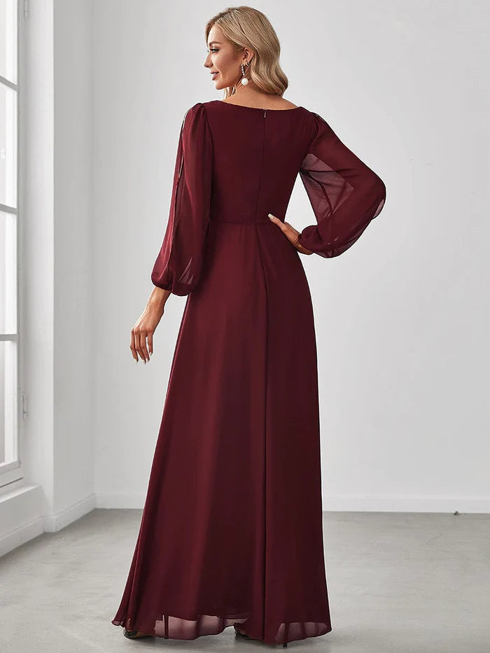 Elegant Chiffon V-Neckline Long Sleeve Formal Evening Dress