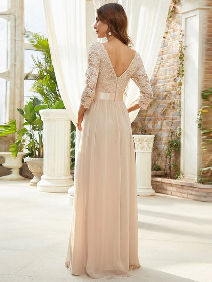 See-Through Floor Length Lace Evening Dress with Half Sleeve