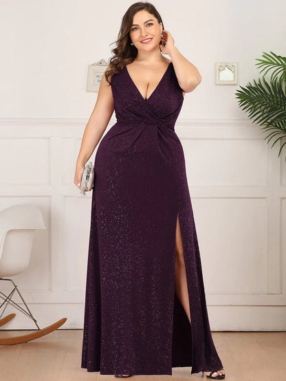 Floor Length V Neck Shiny Evening Dress with Side Slit