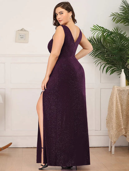 Floor Length V Neck Shiny Evening Dress with Side Slit