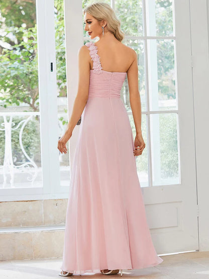 Sweet Pleated Bodice One Shoulder Chiffon Bridesmaid Dress