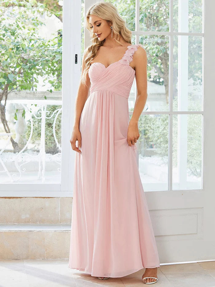 Sweet Pleated Bodice One Shoulder Chiffon Bridesmaid Dress