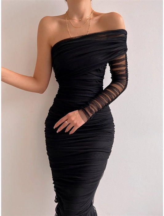 Women‘s Black Dress Cocktail Dress Party Dress Wedding Guest Dress Bodycon Midi Dress Red Long Sleeve Ruched Spring Fall Winter One Shoulder Party Birthday Evening Party Wedding Guest Slim