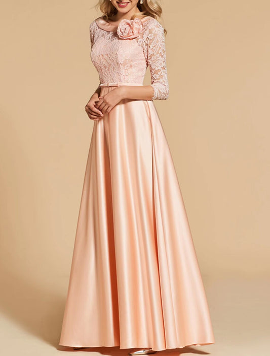 A-Line Evening Gown Open Back Dress Formal Wedding Guest Floor Length 3/4 Length Sleeve Jewel Neck Satin with Bow(s) Buttons Shouder Flower