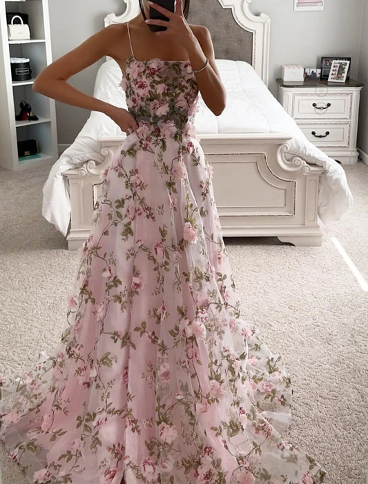 A-Line Prom Dresses Corsets Dress Formal Evening Party Court Train Sleeveless Spaghetti Strap Tulle with Slit