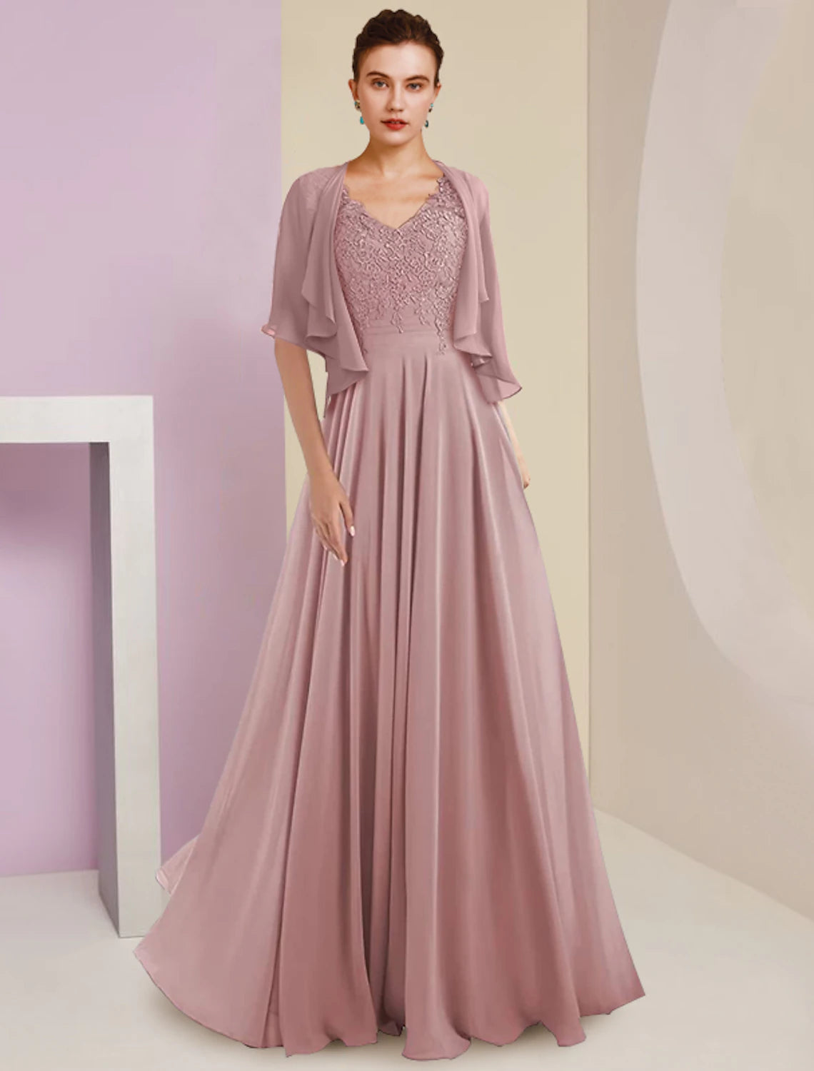 Two Piece A-Line Mother of the Bride Dress Formal Wedding Guest Elegant V Neck Sweep / Brush Train Chiffon Lace 3/4 Length Sleeve Wrap Included with Pleats Appliques