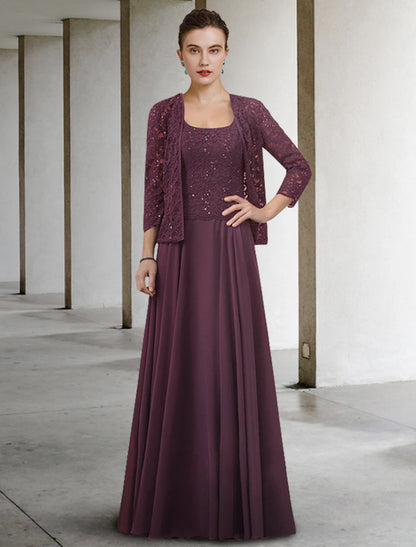 Two Piece A-Line Mother of the Bride Dress Elegant Jewel Neck Floor Length Chiffon Lace Half Sleeve with Pleats