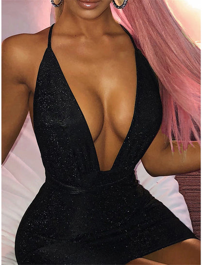 Women's Party Dress Bodycon Sexy Dress Mini Dress Black Pink Red Sleeveless Pure Color Ruched Summer Spring Fall Deep V Fashion Party Birthday Wedding Guest Slim