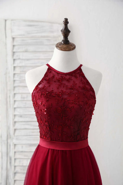 Burgundy Tulle Lace Long Prom Dress Halterneck Bridesmaid Dress