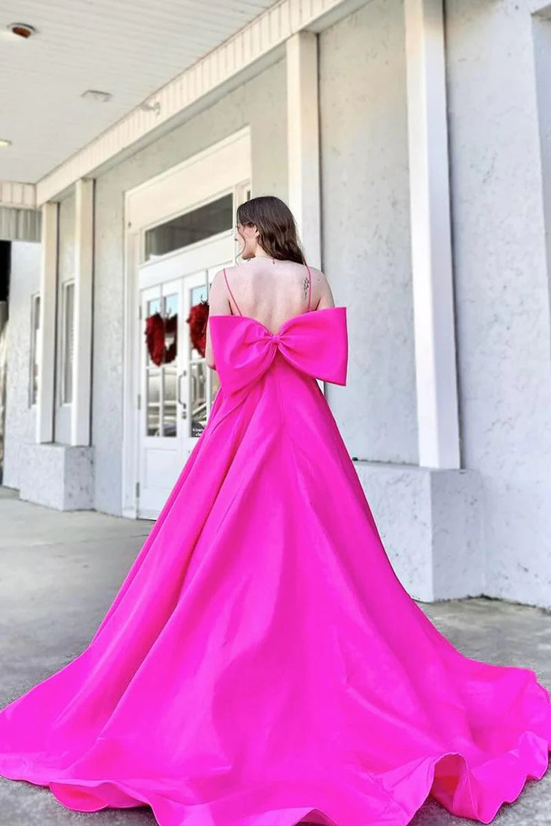 Fuchsia Scoop Neck Satin Bow Back Long Prom Dresses