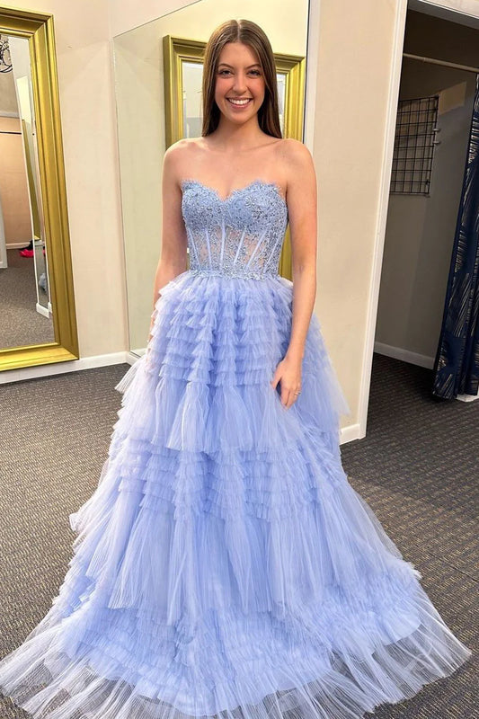 A-Line Ruffle Tiered Tulle Long Prom Dresses with Appliques