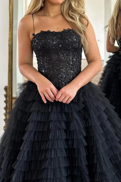 Sparkly Black Corset Spaghetti Straps Tulle A-Line Long Prom Dress with Slit