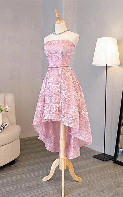 Cute A-Line Pink High Low Lace Scoop Homecoming Dress Pink Short Prom Dress