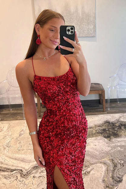 Red Sequin Scoop Neck Long Prom Dresses with Slit