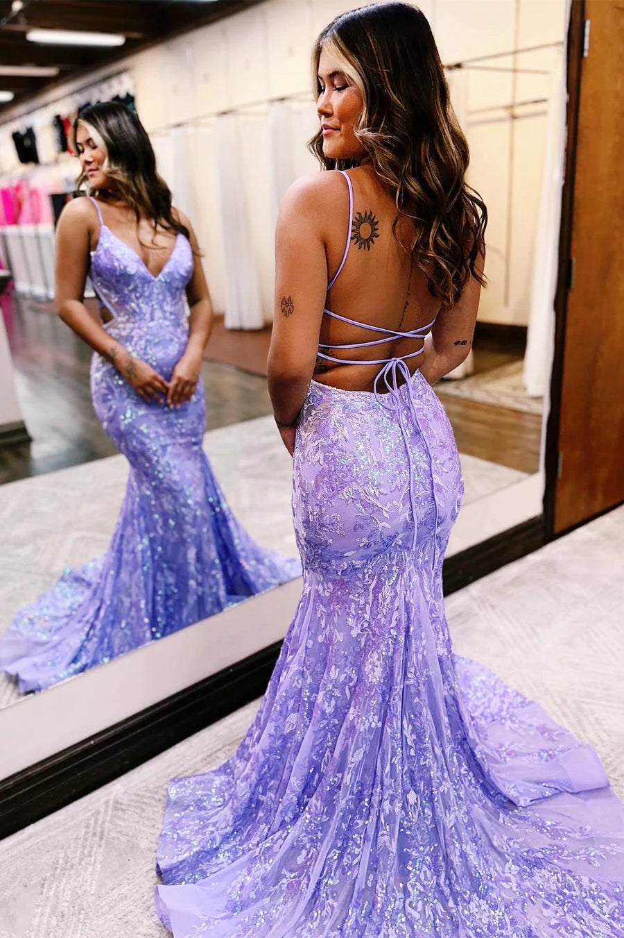 Lilac Sequin Lace V-Neck Long Prom Dress