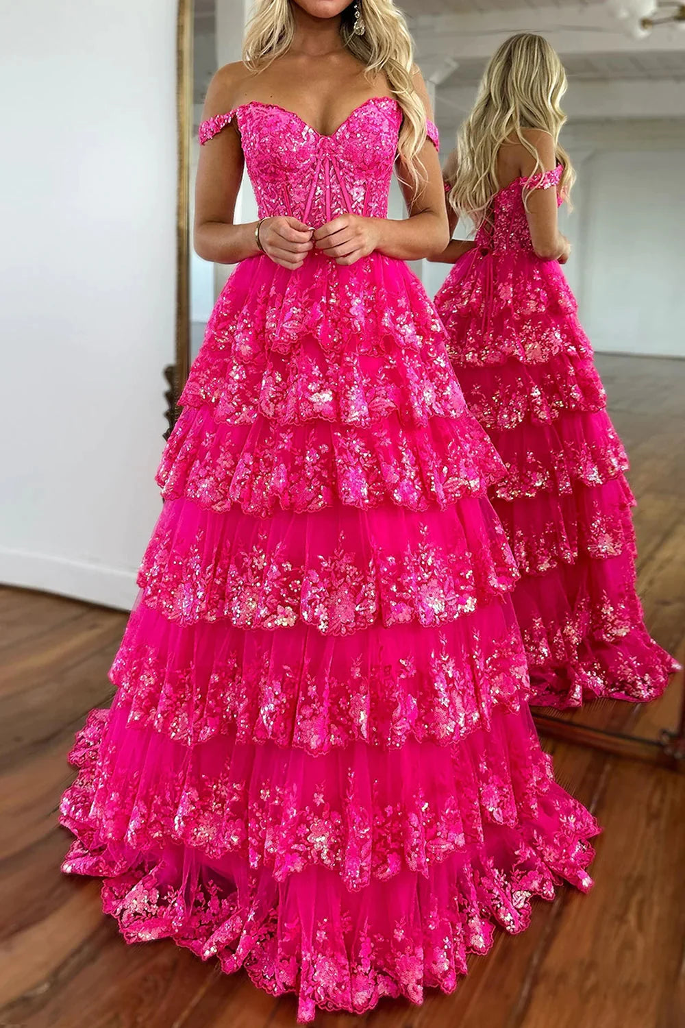 Glitter Hot Pink Corset Off the Shoulder Lace Long Prom Dress