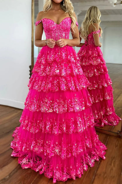 Glitter Hot Pink Corset Off the Shoulder Lace Long Prom Dress