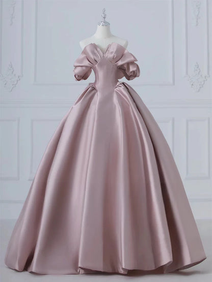 A-Line Pink Satin Long Off Shoulder Prom Dress Quinceanera Dress