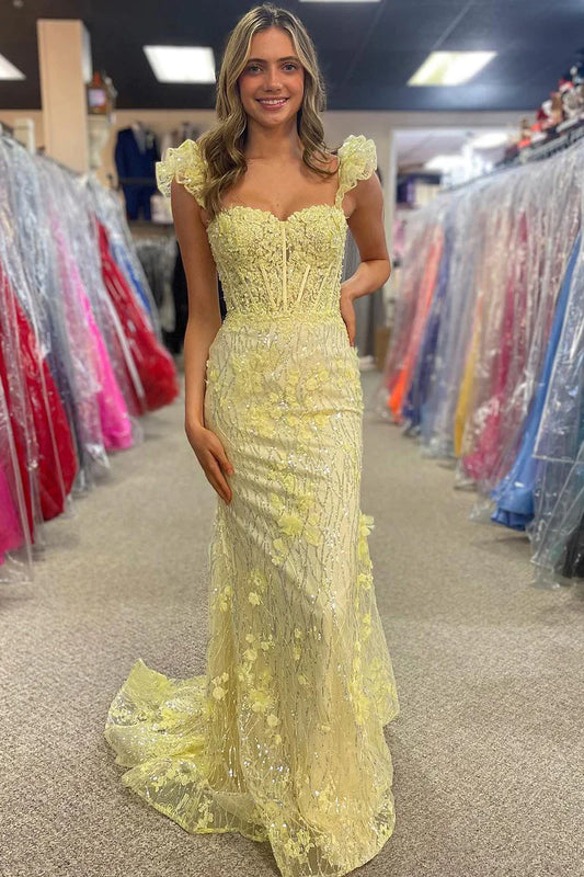 Yellow Floral Lace Sweetheart Mermaid Long Prom Dress