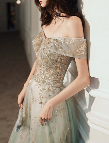 A-Line Glittering Elegant Engagement Formal Evening Dress Off Shoulder Short Sleeve Floor Length Tulle with Sequin