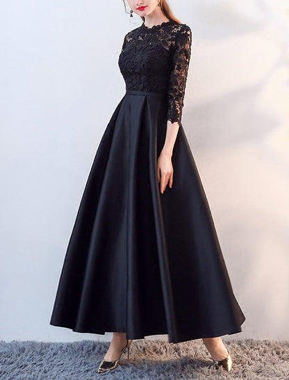 A-Line Mother of the Bride Dress Elegant Jewel Neck Ankle Length Satin Lace 3/4 Length Sleeve with Lace Appliques