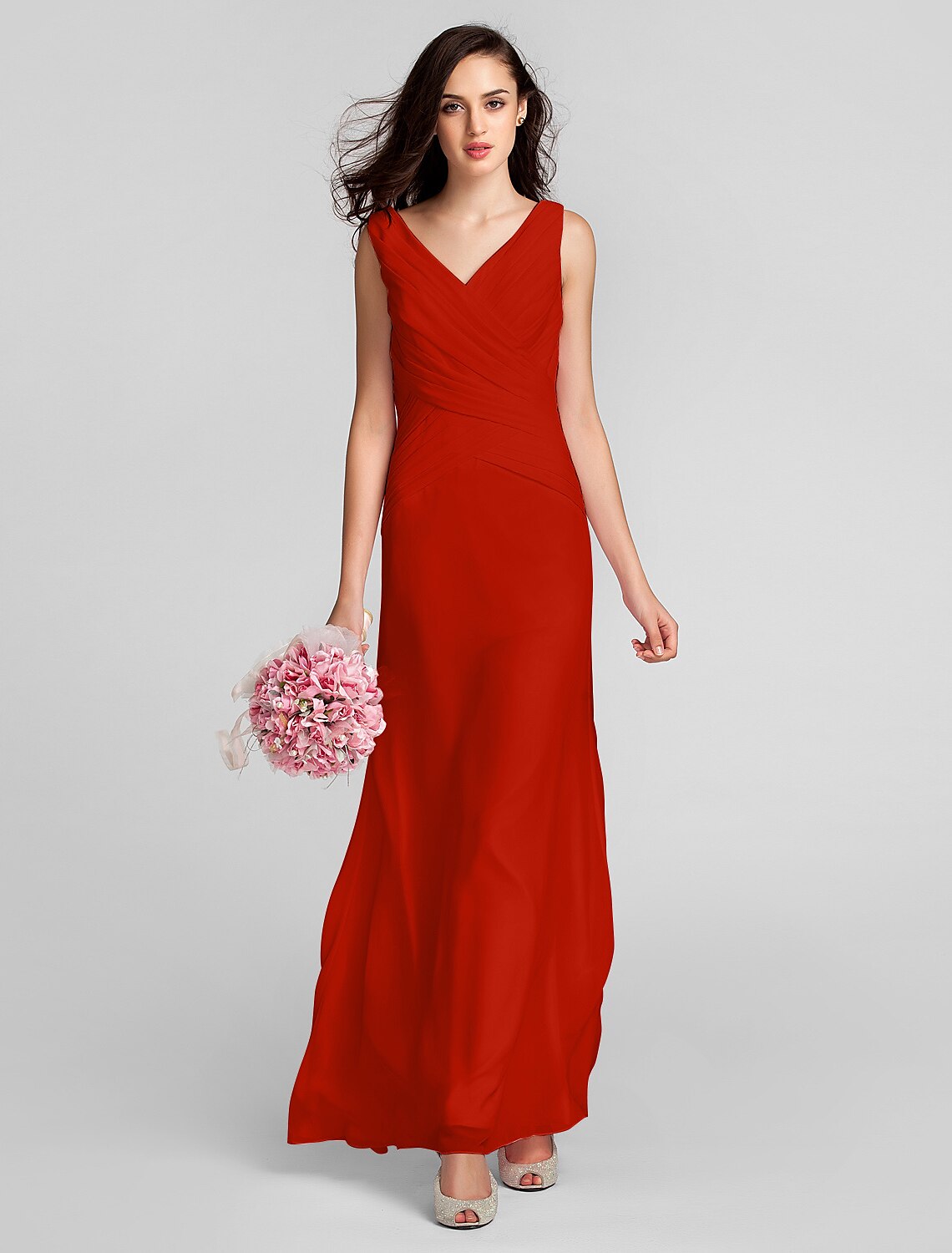 Sheath / Column Bridesmaid Dress V Neck Sleeveless Floor Length Chiffon with Criss Cross