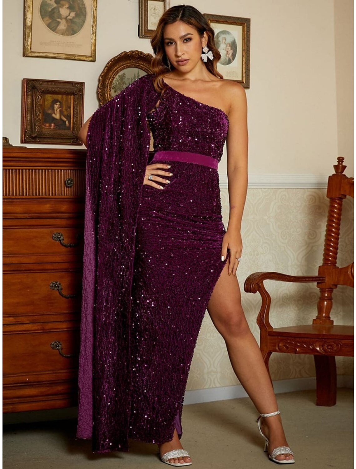 Mermaid / Trumpet Evening Gown Elegant Dress Formal Ankle Length Sleeveless One Shoulder Sequined with Glitter Slit