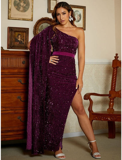 Mermaid / Trumpet Evening Gown Elegant Dress Formal Ankle Length Sleeveless One Shoulder Sequined with Glitter Slit
