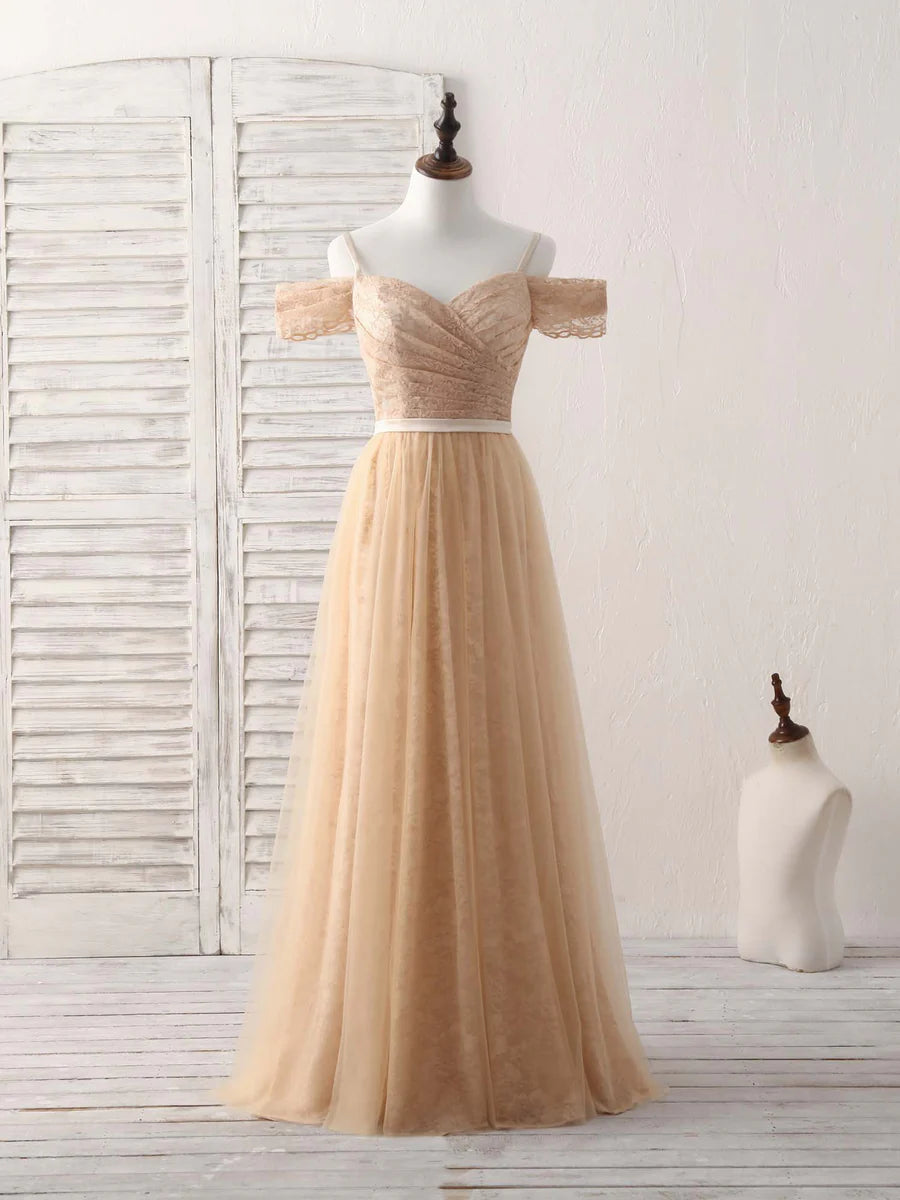 Champagne Tulle Lace Bridesmaid Dress Off Shoulder Floor-length Prom Dresses