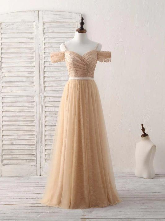 Champagne Tulle Lace Bridesmaid Dress Off Shoulder Floor-length Prom Dresses