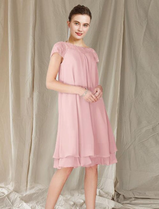 A-Line Mother of the Bride Dress Elegant Jewel Neck Knee Length Chiffon Lace Short Sleeve with Pleats