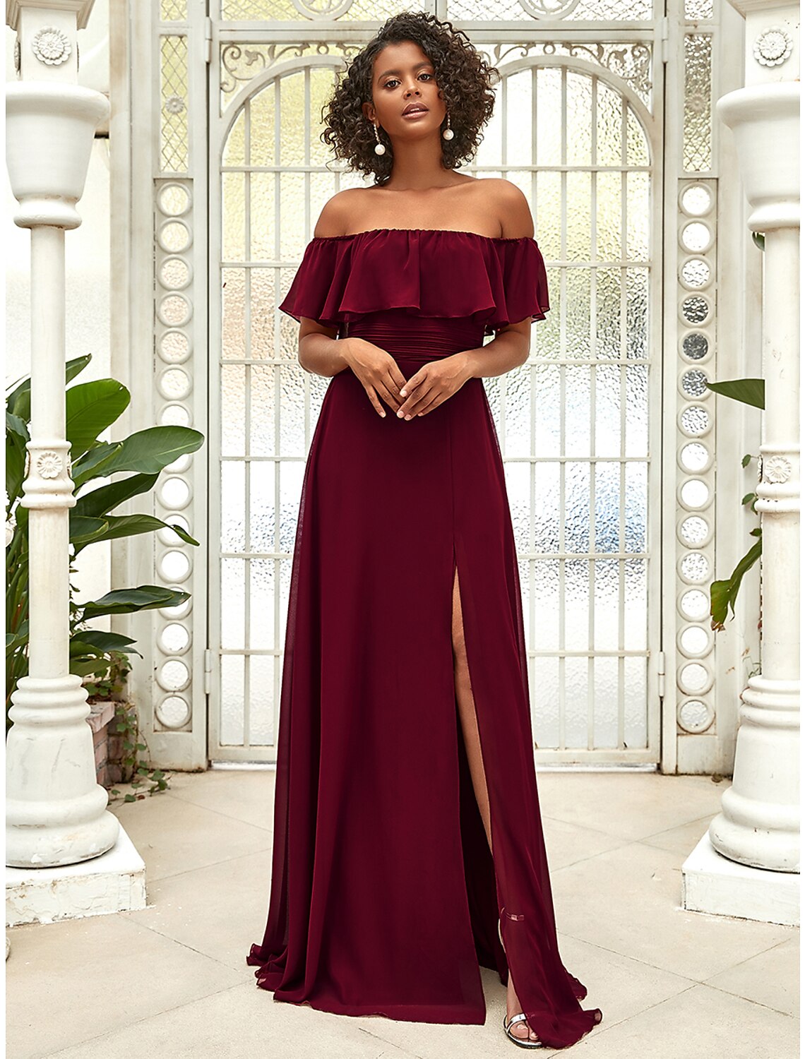 A Line Bridesmaid Dress Off Shoulder Sleeveless Elegant Floor Length C