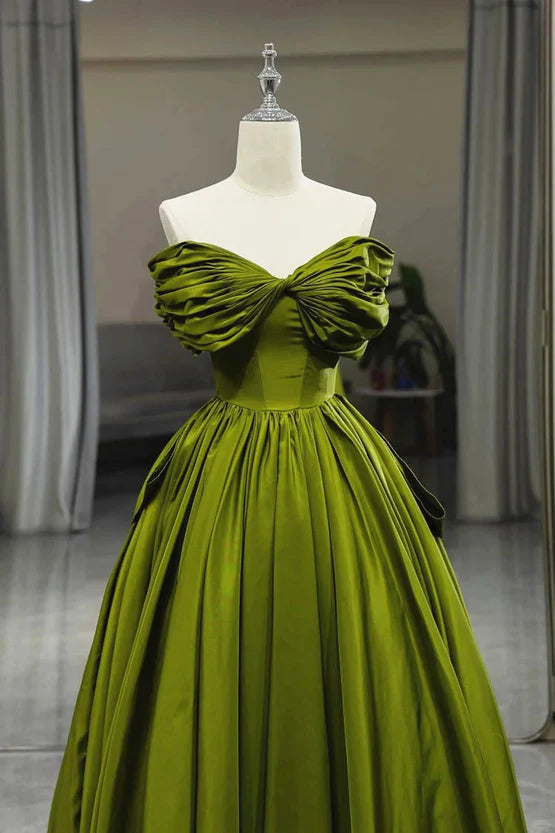 Green A-line Off Shoulder Satin Long Party Dress Green Satin Formal Dress Prom Dress