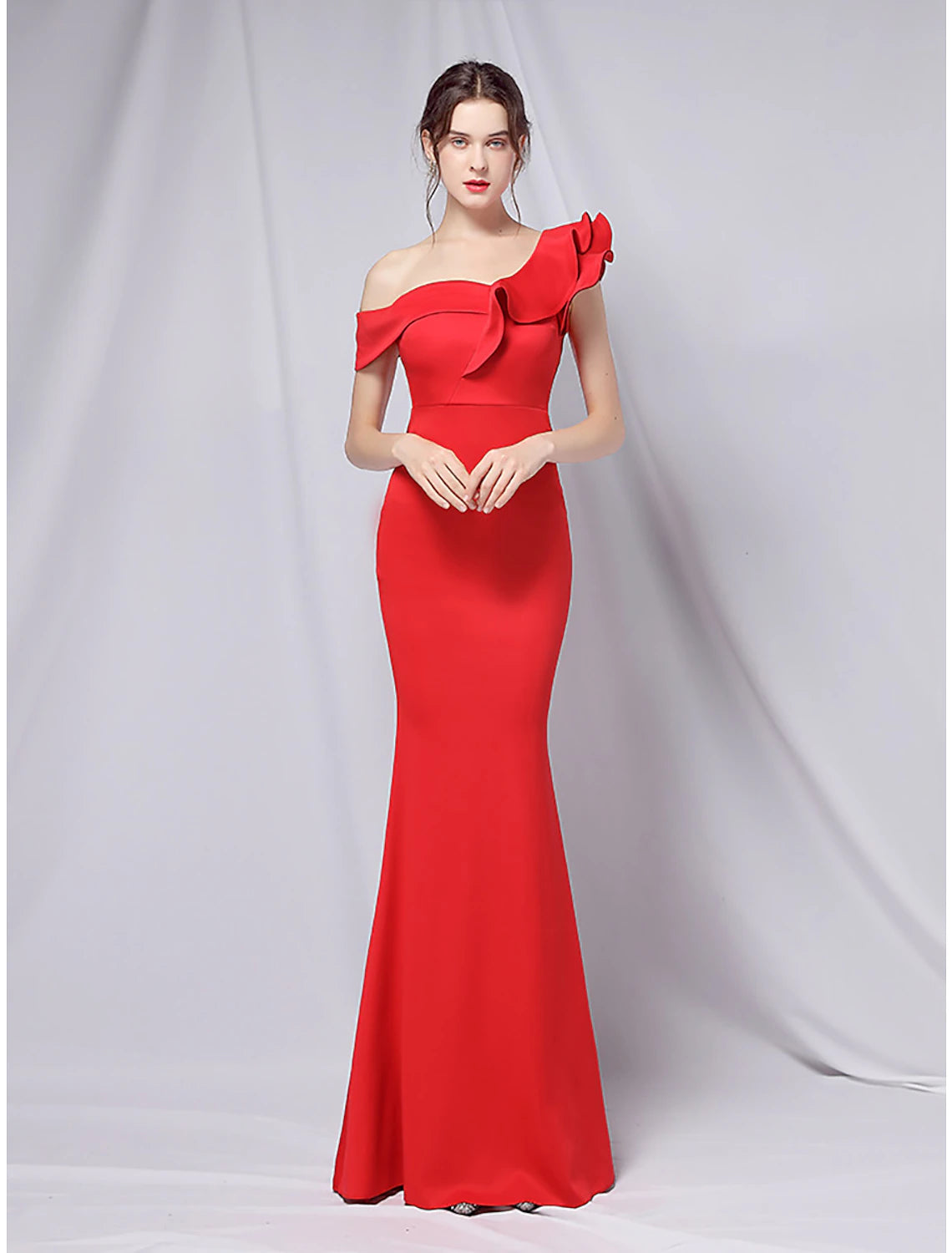 Mermaid / Trumpet Evening Gown Empire Dress Wedding Guest Formal Evening Floor Length Short Sleeve One Shoulder Stretch Satin with Ruffles