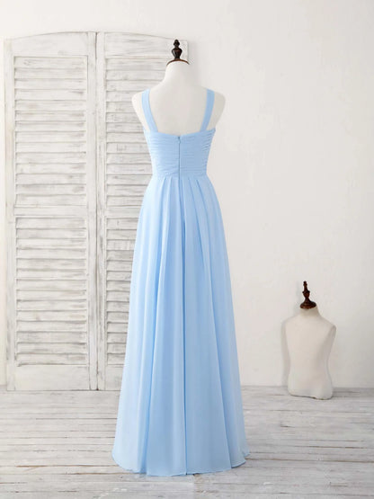 Simple V Neck Chiffon Sky Blue Floor-length Prom Dress Blue Bridesmaid Dress