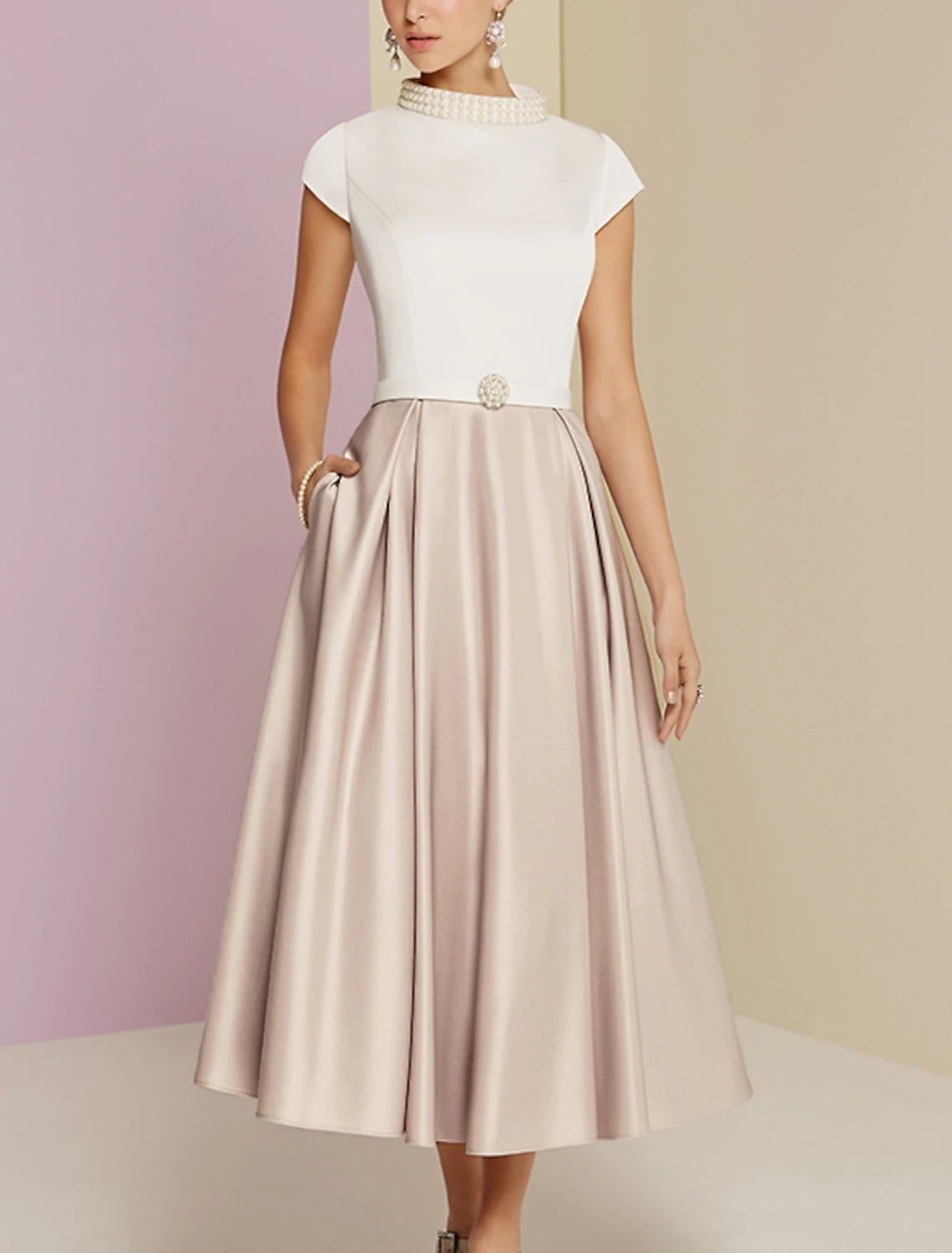 A-Line Mother of the Bride Dress Wedding Guest Vintage Tea Length Sati