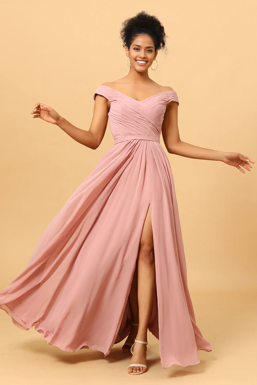 Ruffles Chiffon Pink Bridesmaid Dress with Slit