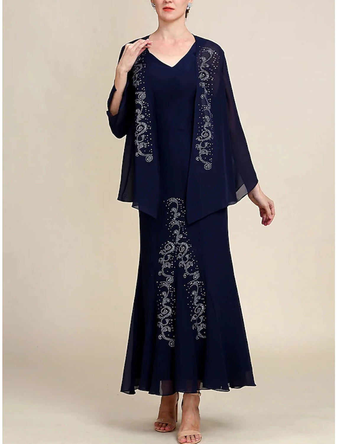 A-Line Mother of the Bride Dress Wedding Guest Elegant V Neck Ankle Length Chiffon Long Sleeve with Sequin Ruching