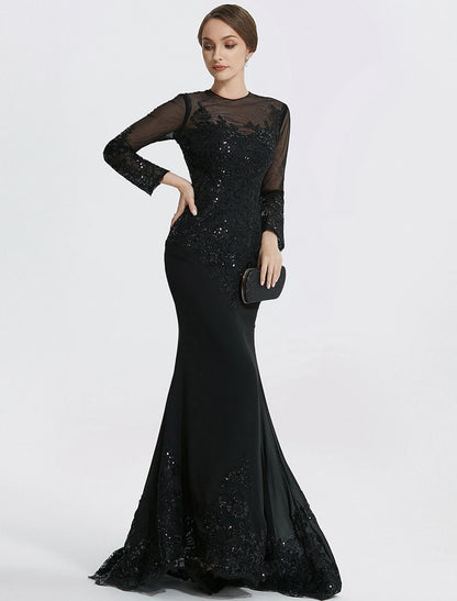 Mermaid / Trumpet Sheath / Column Evening Gown Elegant Dress Formal Floor Length Long Sleeve Jewel Neck Lace with Appliques