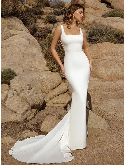 Beach Open Back Casual Wedding Dresses Mermaid / Trumpet Square Neck Sleeveless Court Train Stretch Fabric Bridal Gowns With Buttons Solid Color Summer Wedding Party