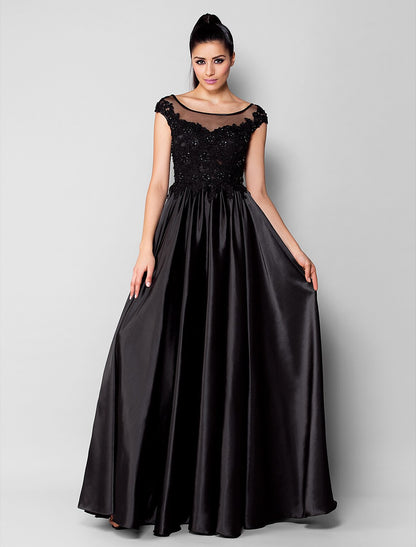 Ball Gown Minimalist Formal Evening Dress Illusion Neck Short Sleeve Floor Length Stretch Satin with Beading Appliques