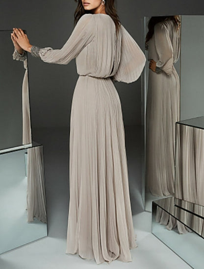 A-Line Mother of the Bride Dress Elegant & Luxurious Jewel Neck Floor Length Chiffon Long Sleeve with Buttons Pleats Beading