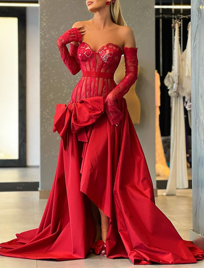 A-Line Evening Gown Corsets Dress Formal Masquerade Court Train Sleeveless Strapless Satin with Bow(s)