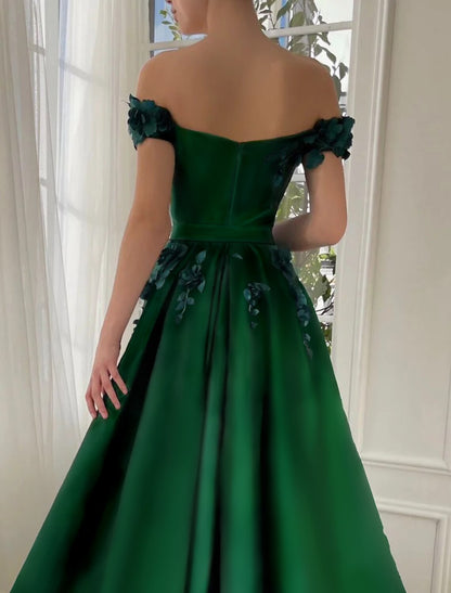 Ball Gown Prom Dresses Luxurious Dress Christmas Red Green Dress Wedding Party Floor Length Short Sleeve Off Shoulder Satin with Slit Appliques