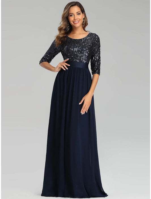 A-Line Elegant Wedding Guest Formal Evening Dress Jewel Neck 3/4 Length Sleeve Floor Length Tulle with Sequin