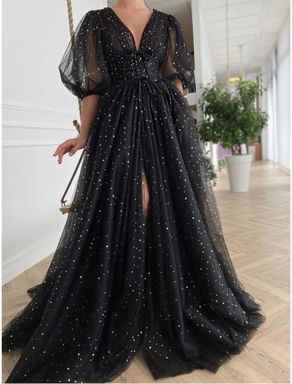 A-Line Prom Dresses Glittering Dress Wedding Guest Prom Court Train Half Sleeve V Neck Wednesday Addams Family Tulle V Back with Bow(s) Sequin Slit