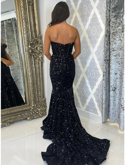 A-Line Mermaid / Trumpet Prom Dresses Glittering Dress Prom Wedding Party Court Train Sleeveless Sweetheart Sequined Backless with Sequin Pure Color