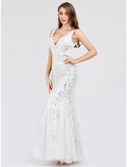 Mermaid / Trumpet Sparkle Sexy Prom Formal Evening Valentine‘s Day Dress V Neck V Back Sleeveless Floor Length Tulle with Sequin Appliques